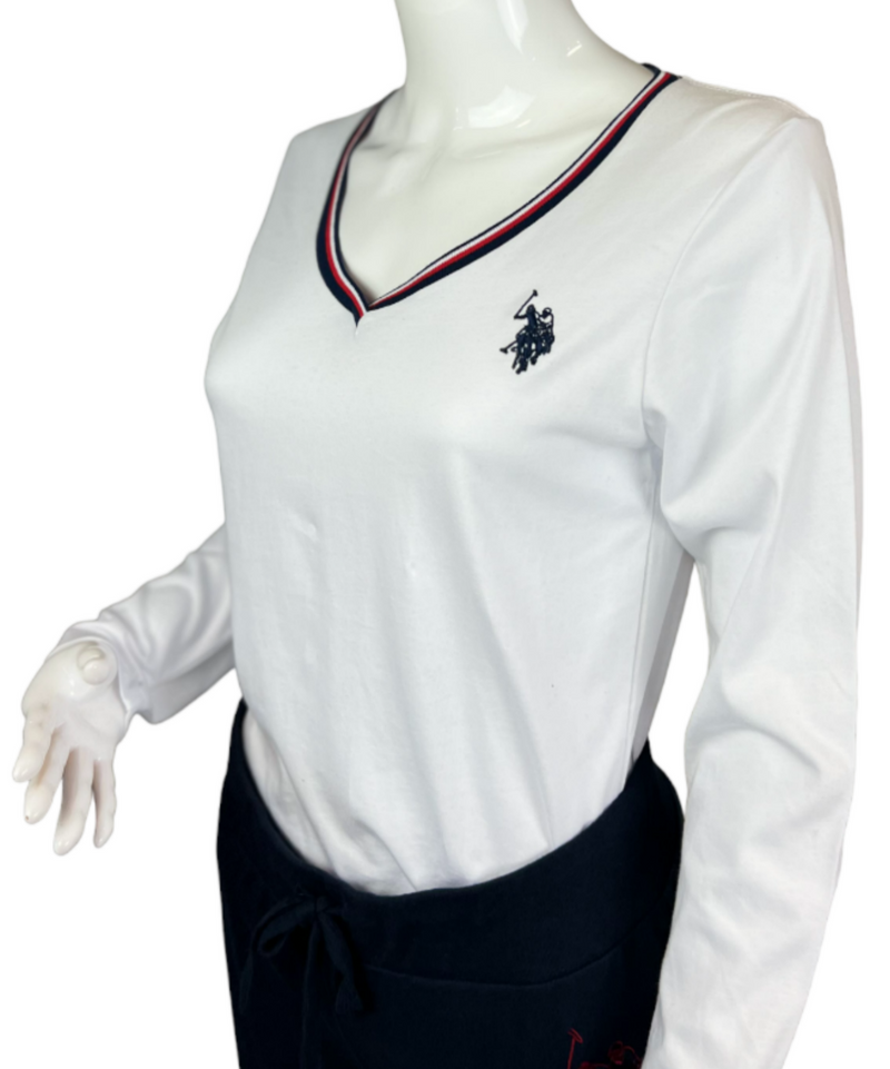 U.S. Polo Assn. Ladies Detailed V neck Long Sleeve T-Shirt - White