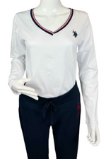 U.S. Polo Assn. Ladies Detailed V neck Long Sleeve T-Shirt - White