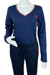 U.S. Polo Assn. Ladies Detailed V neck Long Sleeve T-Shirt - Navy