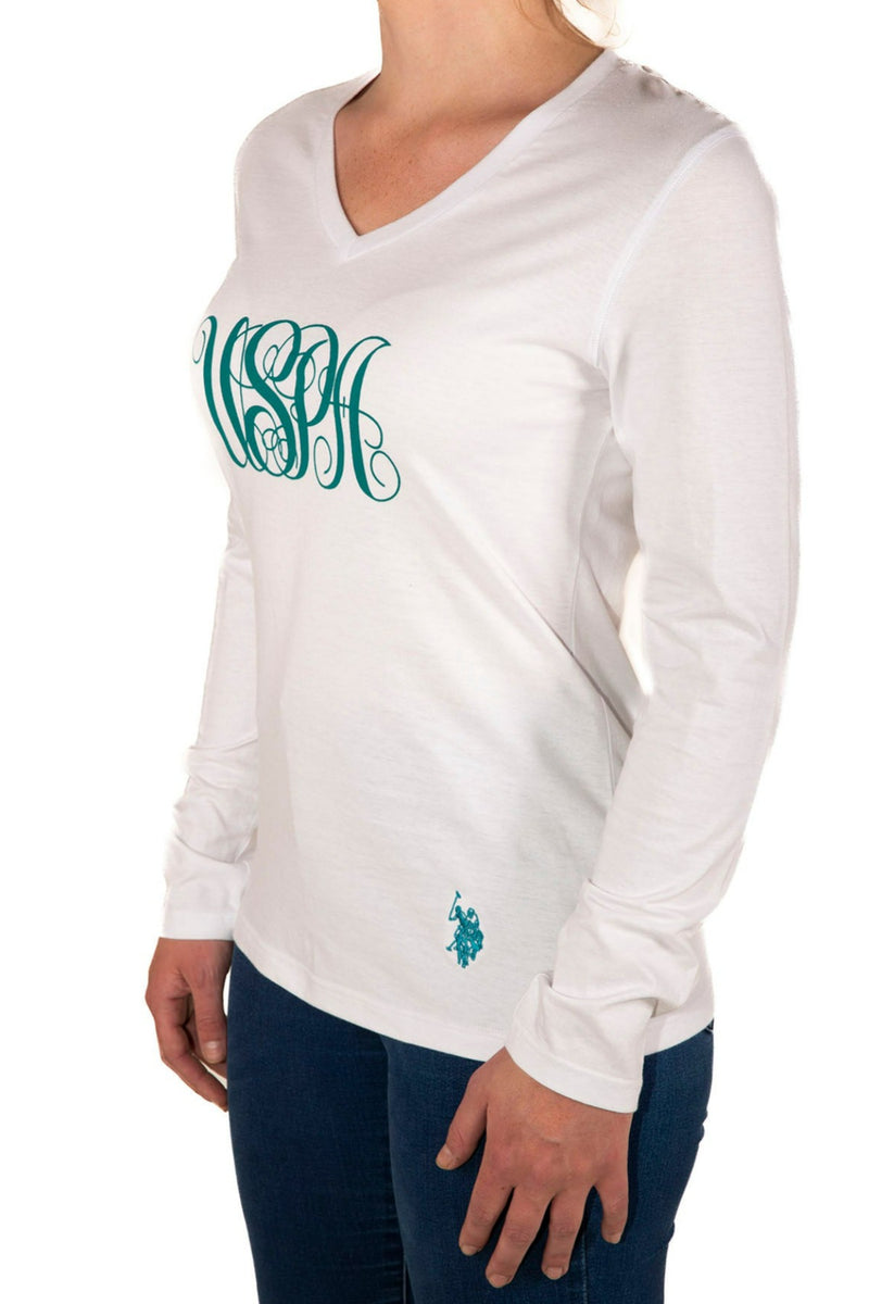 U.S. Polo Assn. Ladies DHM Calligraphy Logo Long Sleeve T Shirt - White
